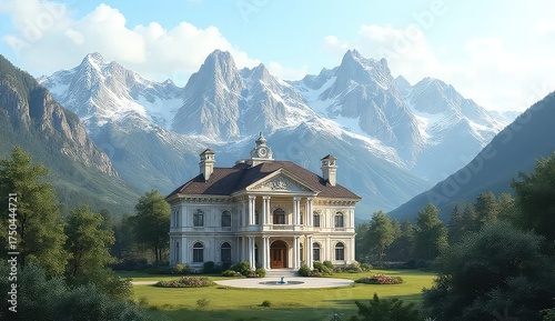 Grand estate nestled amidst majestic snow-capped mountains and lush green landscapes offers unparalleled luxury and serene natural beauty.