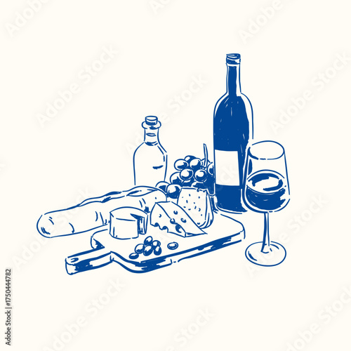 Hand drawn of composition with wine and cheese, whimsical drawing with wine, wine glass, cheese and grape in sketch style, Doodle elements design for wall art, print, menu, interior, invitations card