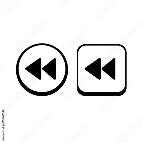 Minimalist Black and White Rewind Media Control Vector Icons - Circular and Rounded Square Outline Illustration Set