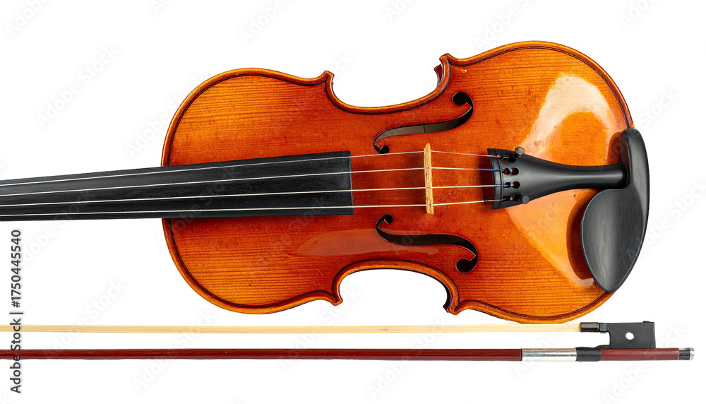 Fototapeta premium Detailed overhead shot of a violin and bow, rendered on a black background