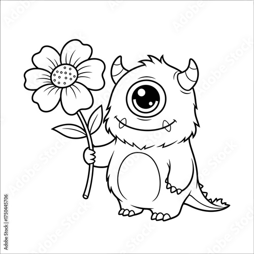 Children's Whimsigoth Art Simple Scene with a Cute One-Eyed Monster and a Flower