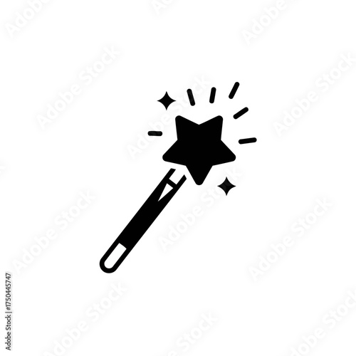 Black Solid Style Magic Wand with Sparkling Star Vector Illustration