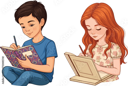 PrintChildren drawing, writing, learning, classroom activity, creative kids, focused students, education, school, teamwork, study, pencil, notebook, girl, boy, indoor, floral dress,