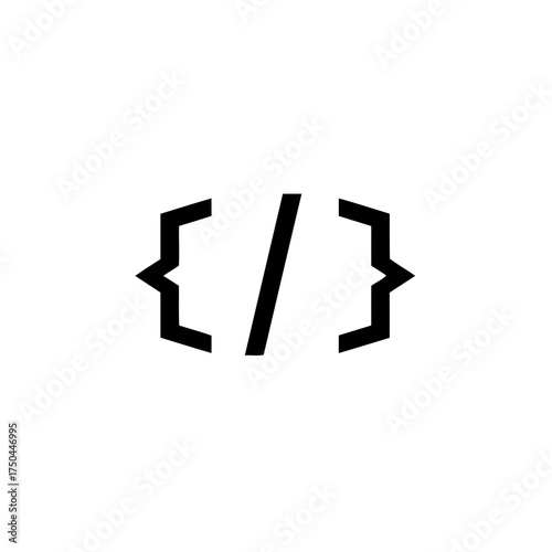 Minimalist Black and White Vector Illustration of Code Brackets and Forward Slash Symbol