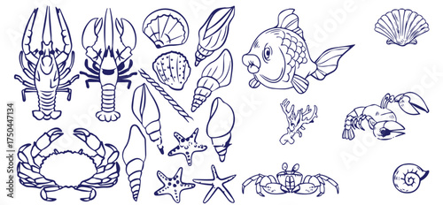 Vector illustration background, wallpaper, backdrop. Vintage hand drawn sketch. Collection of seafood
