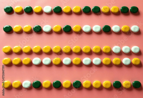 Glossy Green, Yellow, and White Stones on Pink Background