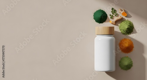 Wallpaper Mural White Supplement Bottle with Assorted Dried Herbal Powders and Roots on Neutral Background Torontodigital.ca