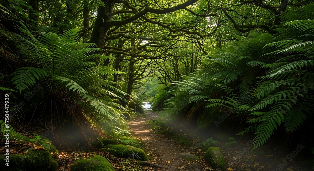 Fototapeta premium Lush Green Forest Path - A Serene Walk Through Natures Embrace.