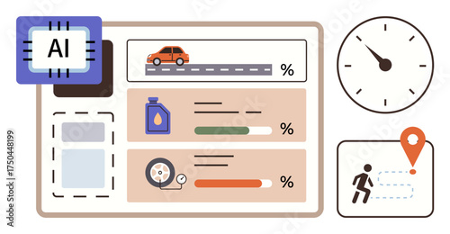 AI chip, vehicle metrics, fuel level, tire pressure, clock, and route tracking. Ideal for automotive management, fleet optimization tracking efficiency technology metrics and visuals. Simplified
