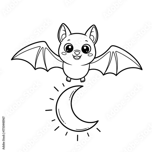 Whimsical Gothic Coloring Page Adorable Bat Flying Around a Gentle Crescent Moon