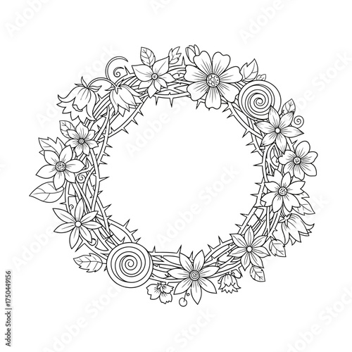 Whimsical Gothic Art Crown of Thorns with Blooming Flowers Coloring Page Design