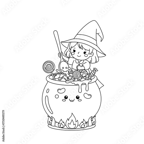 Kids Whimsigoth Art Little Witch Stirring a Cauldron Filled with Delicious Candy