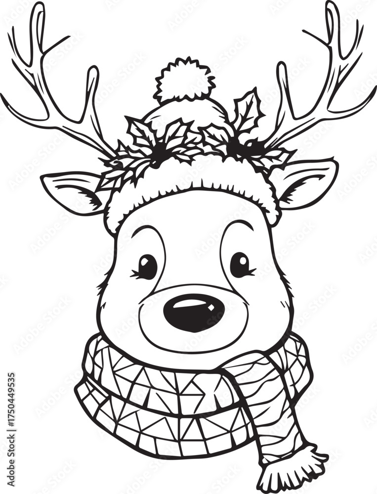 Fototapeta premium Cartoon Reindeer Vector – Black and White Line Art with Hat, Scarf, Holly Antlers, and Winter Cheer
