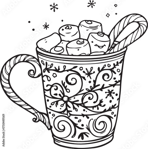 Holiday Mug Vector – Black and White Line Art with Marshmallows, Candy Cane, Snowflakes, and Ribbon