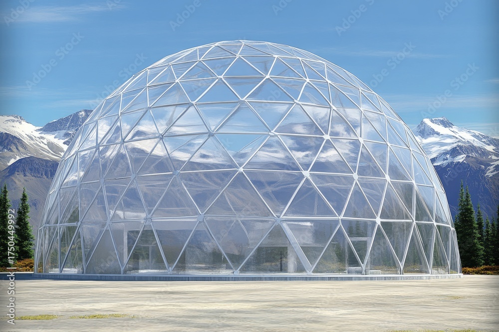 Fototapeta premium Large glass geodesic dome structure on a base, nestled amongst mountains