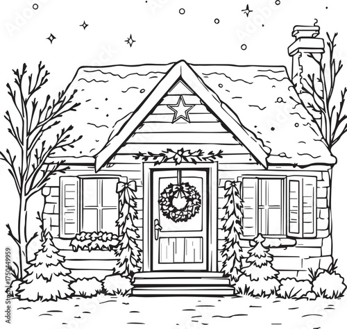 Holiday House Vector – Black and White Line Art with Snowy Roof, Wreath, Garlands, Trees, and Stars