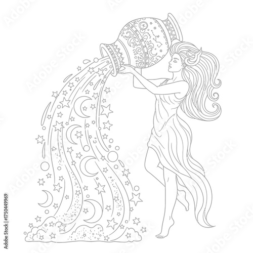 Aquarius Water Bearer Pouring Stars Intricate Ethereal Air Sign Adult Coloring Art