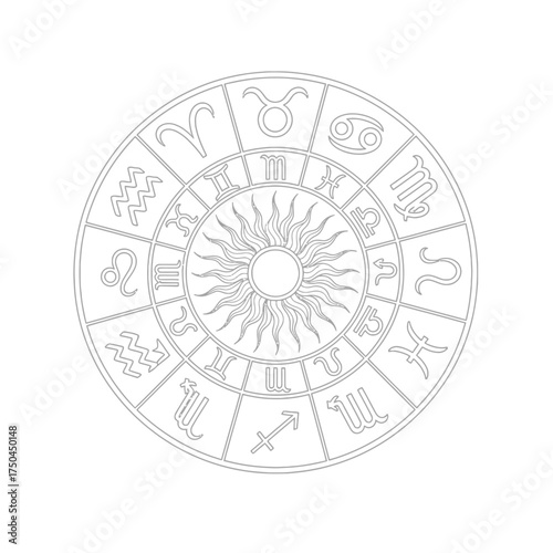 Astrological Wheel with Twelve Zodiac Symbols Complex Celestial Mandala Adult Coloring