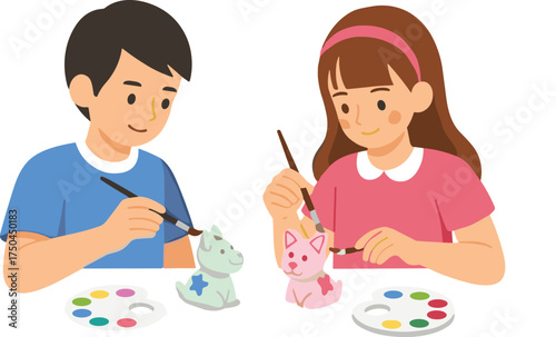 painting ceramic animals, creative kids activity, art class, colorful figures, teamwork, education, crafts, indoor learning, fun, imagination, school, childhood, paint palette, clay modeling,