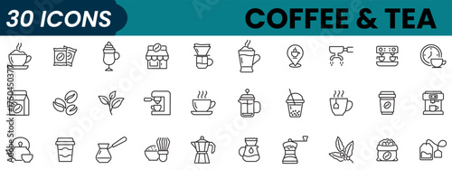 Set of 30 outline icons related to coffee and tea. Linear icon collection. Editable stroke. Vector illustration