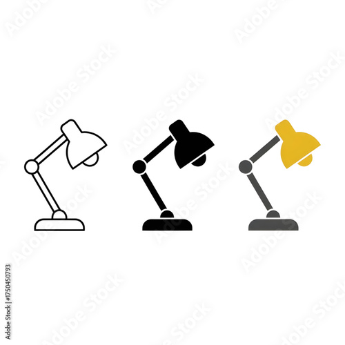 Three stylized illustrations of a modern desk lamp in outline solid black and yellow color variations on a white background