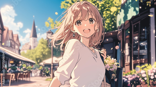 笑顔のアニメ美少女と花束の街歩き｜明るい街並みと青空の中で輝く青春シーン