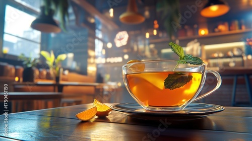 Warm tea in a glass cup,  lit cafe interior