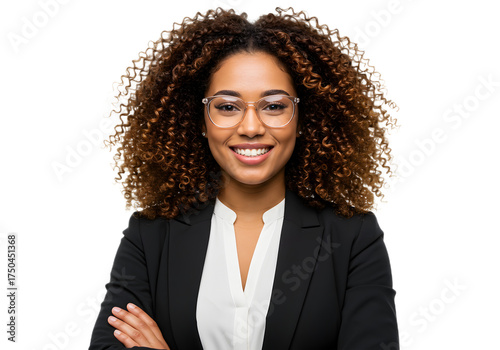 Professional business woman with glasses smiling confidently with arms crossed