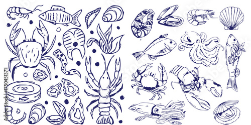 Vector illustration background, wallpaper, backdrop. Vintage hand drawn sketch. Collection of seafood