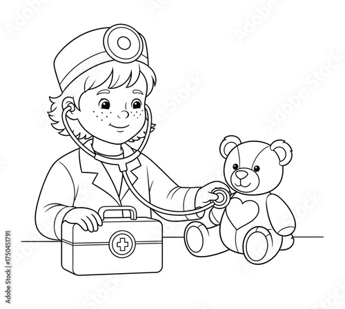 Child Doctor Play Coloring Page for Kids Empathy and Imagination Theme