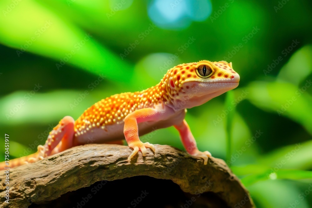 Fototapeta premium Captivating Close-Up of a Colorful Gecko on a Log Against a Lush Green Background