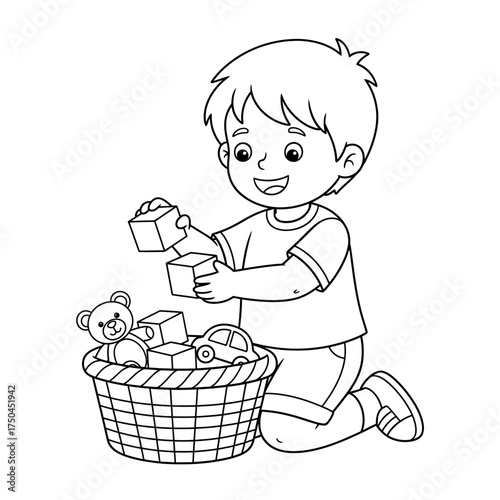 Child Helping Put Away Toys Coloring Page for Kids Responsibility and Order Theme