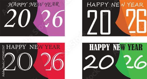 Happy New Year 2026 icon set. Collection of 2026 Happy New Year card, cover, poster. Vector illustration with labels isolated on colorful background. Vector Holiday Greeting Design, 2026.
