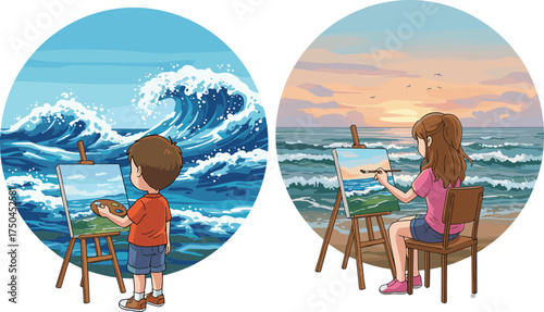 PrintChildren painting ocean scenes, boy painting waves, girl painting sunset, kids art activity, seascape creativity, outdoor learning, emotional contrast