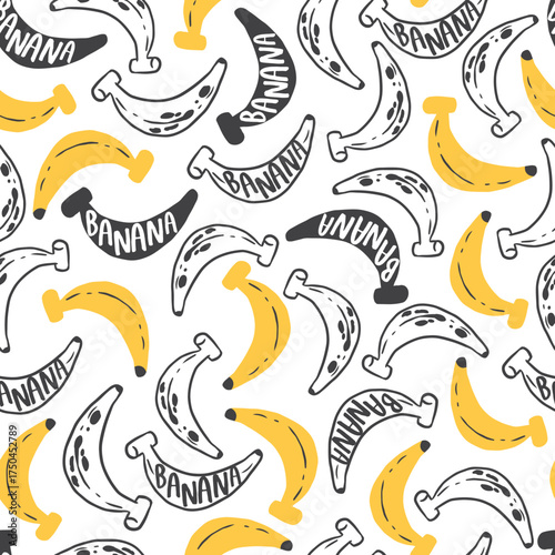 Lively Banana Silhouette with Yellow Ripe Ones Pattern. Fun and lively design for kids, summer projects, tropical packaging, and cartoon fruit illustrations.