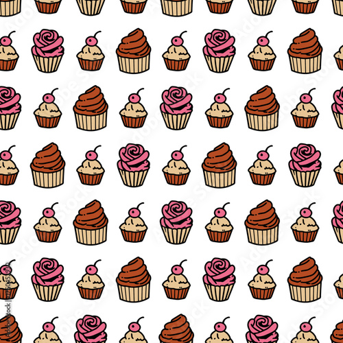 Sweet Bakery with Cupcakes and Cream Pattern. Perfect for bakery packaging, dessert shop branding, textile prints, party invitations, wallpapers, and sweet-themed decorations.