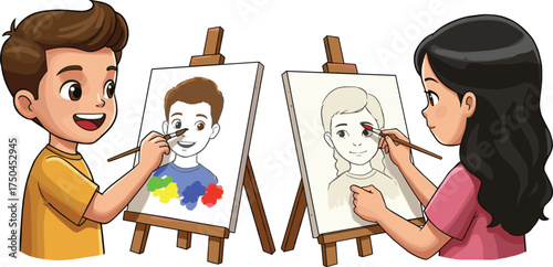 PrintChildren painting portraits on easels, creative kids art activity, colorful and monochrome styles, classroom learning, artistic expression, education concept