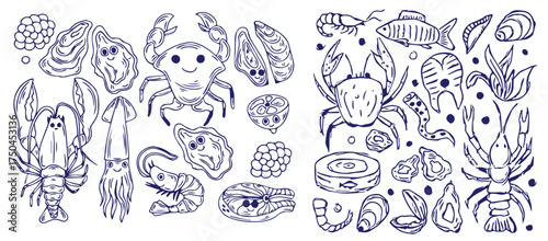 Vector illustration background, wallpaper, backdrop. Vintage hand drawn sketch. Collection of seafood