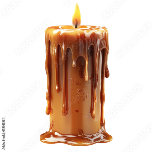 A brown candle with wax dripping down the side, isolated on a white background. transparent, alpha background png