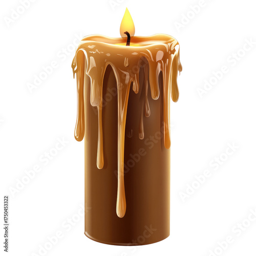 A brown candle with wax dripping down the side, isolated on a white background. transparent, alpha background png