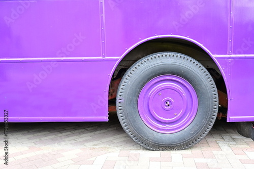 close up of a bus wheel