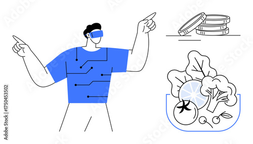 Man wearing virtual reality headset with circuit board design on shirt, pointing in excitement. Beside are stacked coins and a bowl of fresh vegetables. Ideal for technology, innovation, finance