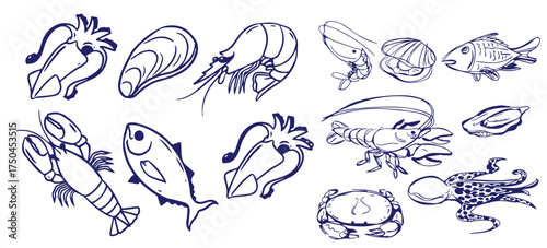 Vector illustration background, wallpaper, backdrop. Vintage hand drawn sketch. Collection of seafood