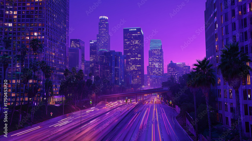 Fototapeta premium Neon city lights under purple twilight