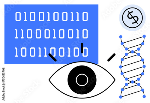 Binary code representing digital data, eye for analysis, DNA strand symbolizing genetics, dollar sign for value. Ideal for data science, genetics, digital marketing, finance, analysis biotechnology