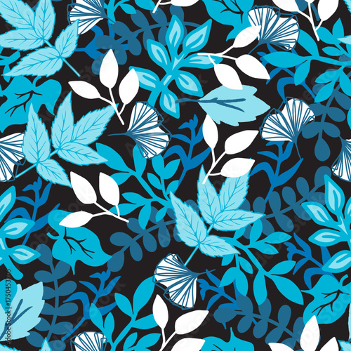 Blue Colored Leaves and Dark Base Foliage Pattern. Ideal for fabric prints, wallpapers, packaging, stationery, and contemporary nature-inspired projects.