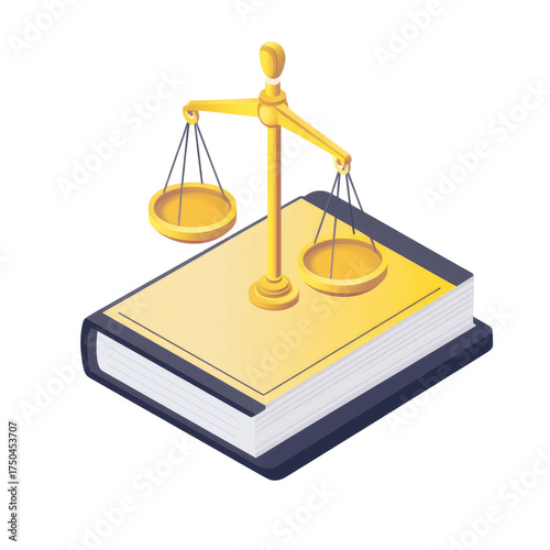A cartoon-style icon of a legal book with scales on top, a yellow and gray color scheme, simple shapes, 3D rendering, a white background, transparent, alpha background png