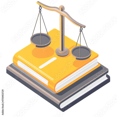 A cartoon-style icon of a legal book with scales on top, a yellow and gray color scheme, simple shapes, 3D rendering, a white background, transparent, alpha background png
