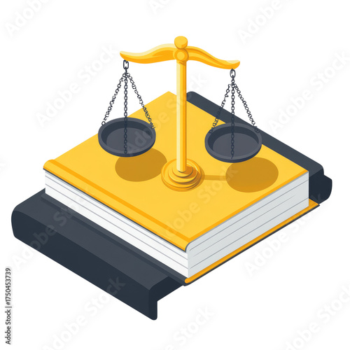 A cartoon-style icon of a legal book with scales on top, a yellow and gray color scheme, simple shapes, 3D rendering, a white background, transparent, alpha background png