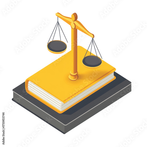 A cartoon-style icon of a legal book with scales on top, a yellow and gray color scheme, simple shapes, 3D rendering, a white background, transparent, alpha background png